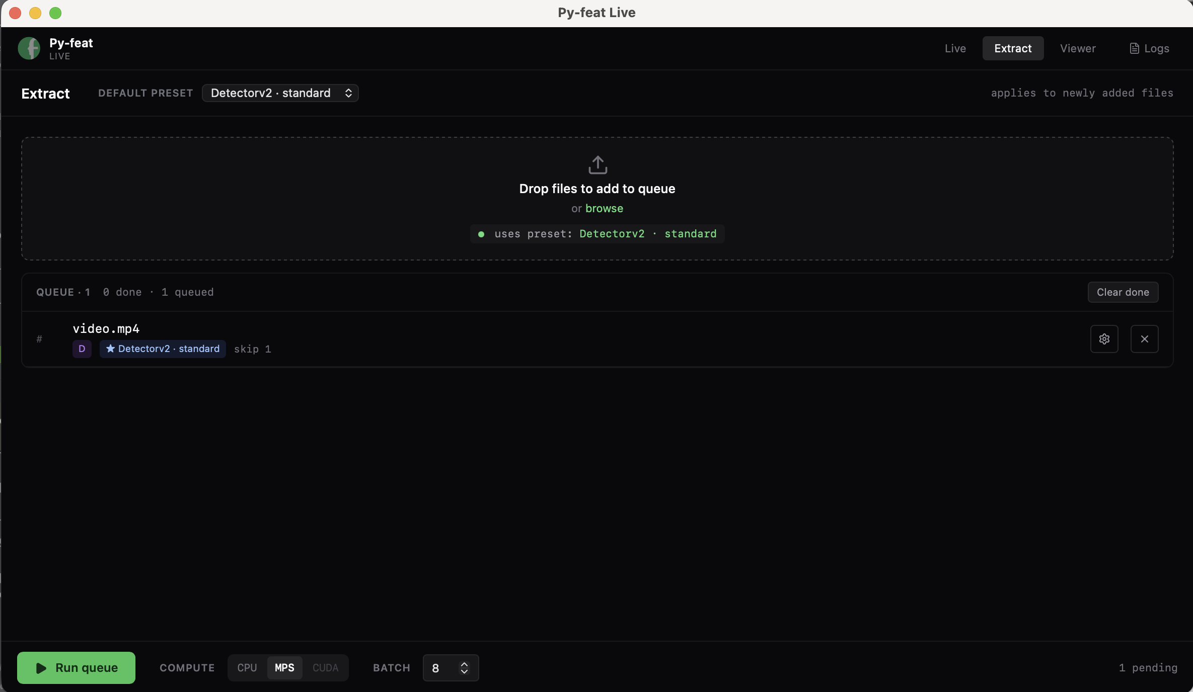 Py-feat Live Analyze workspace — a video queued with the Detectorv2 standard preset, with compute device and batch size set in the footer, ready to run