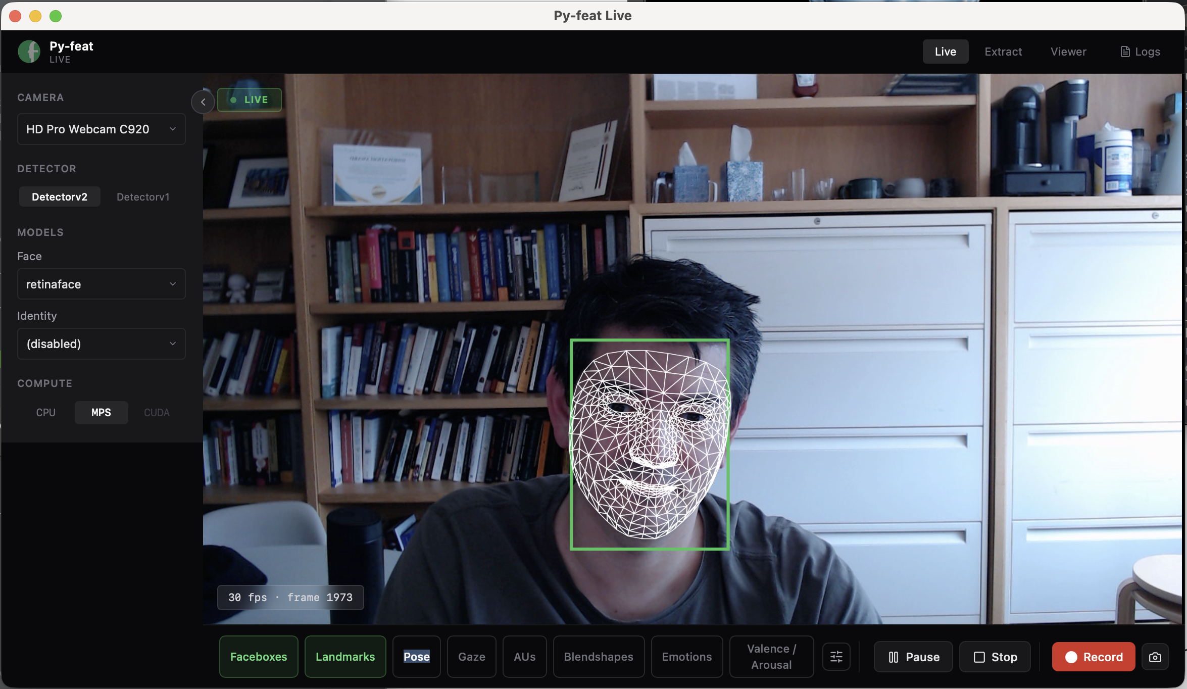 Py-feat Live running Detectorv2 on the webcam, with the 478-point face mesh and detection box locked to the current frame
