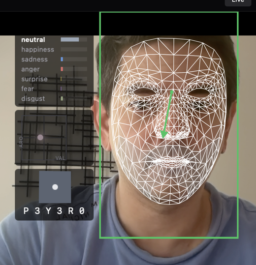 Py-feat Live webcam view with the 478-point mesh, gaze arrow, per-face emotion bars, and a head-pose readout